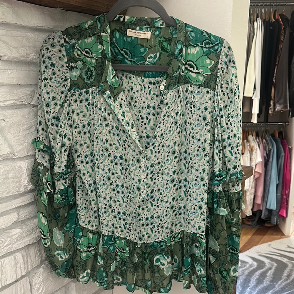 Spell Green and White Floral Blouse